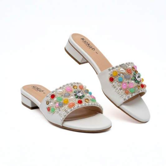 White Jeweled Slides