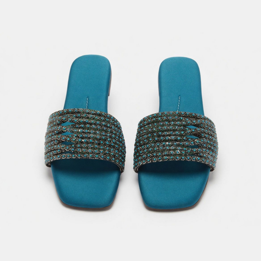 Teal Embellished Slides