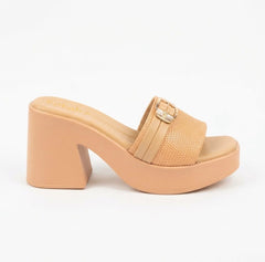 Cream Chic Buckled Block Heel Slides