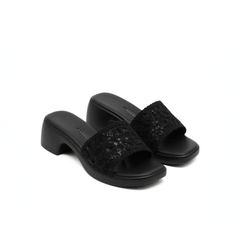 Black Floral Block Heel Slides