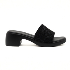 Black Floral Block Heel Slides