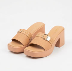 Cream Chic Buckled Block Heel Slides