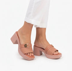 Peach Chic Buckled Block Heel Slides