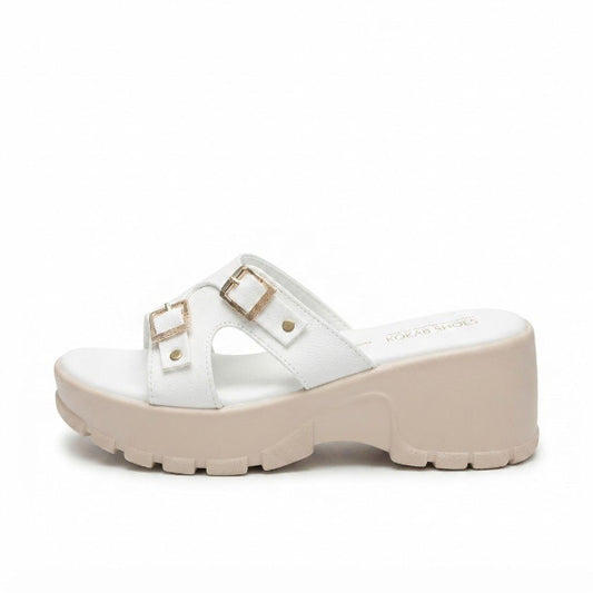White Dual Buckle Wedge Slide