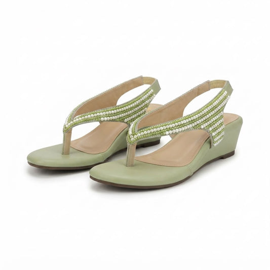 Pearl-Embellished Wedge T-Strap