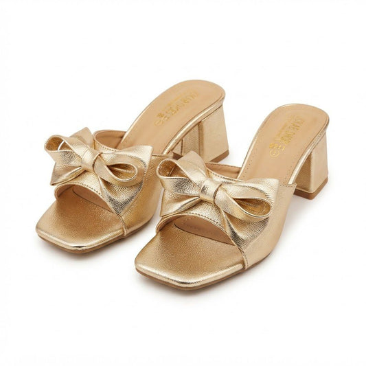Goldish Bow Block Heel