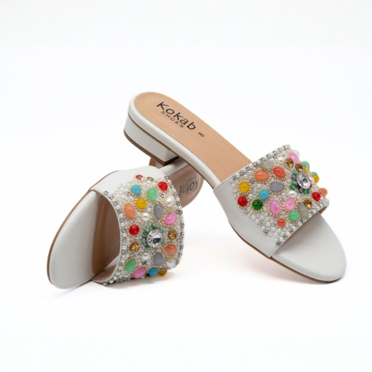 White Jeweled Slides