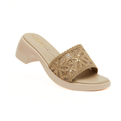 Cream Floral Block Heel Slides
