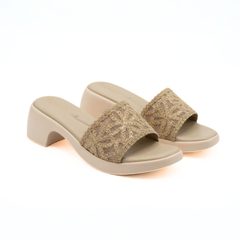 Cream Floral Block Heel Slides