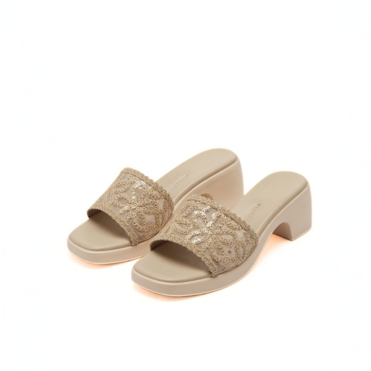 Cream Floral Block Heel Slides