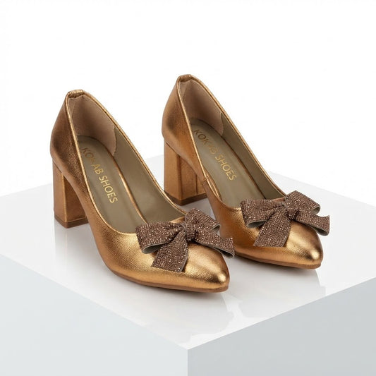 Peach Bow Block Heel Pumps