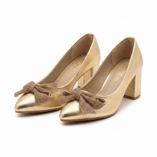 Golden Bow Block Heel Pumps