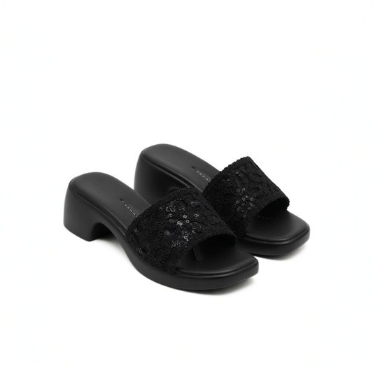 Black Floral Block Heel Slides