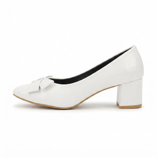 White Bow Block Heel Pumps