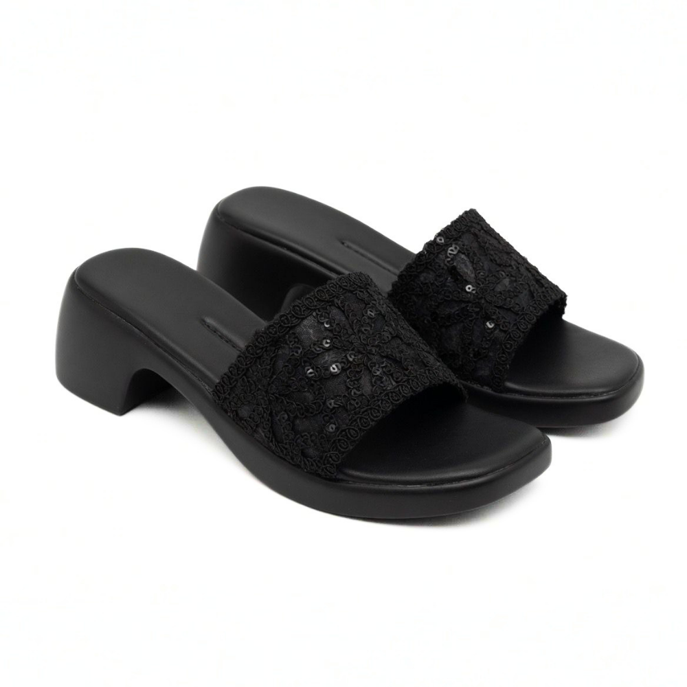 Black Floral Block Heel Slides