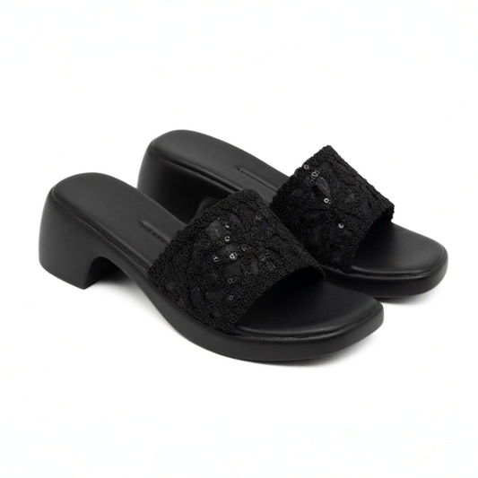 Black Floral Block Heel Slides