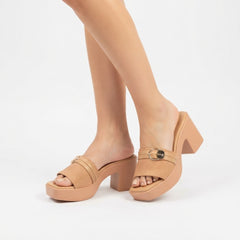 Cream Chic Buckled Block Heel Slides