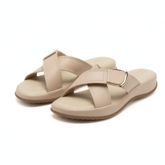 Beige Crisscross Wedge Slides