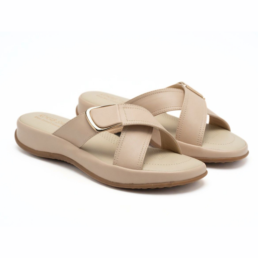 Beige Crisscross Wedge Slides