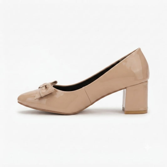 Cream Bow Block Heel Pumps
