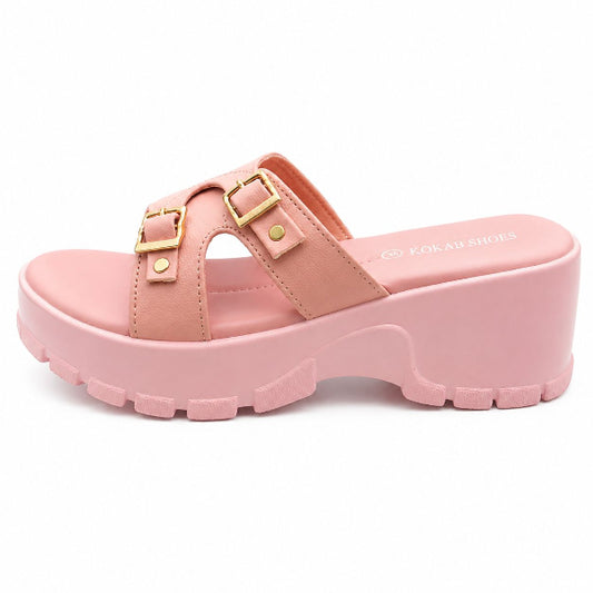 Pink Dual Buckle Wedge Slide