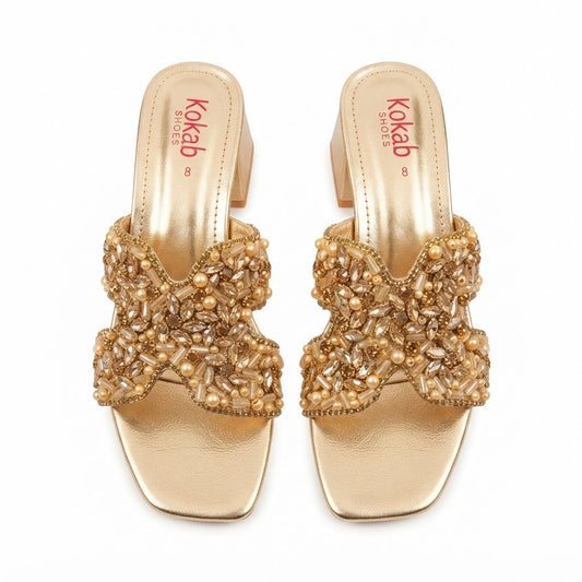 Golden Embellished Block Heel
