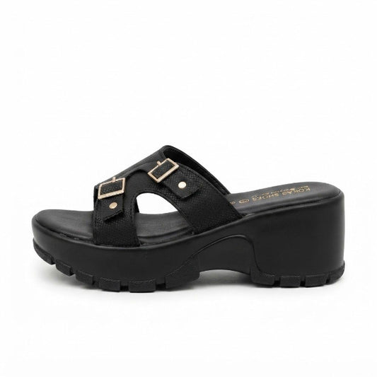 Black Dual Buckle Wedge Slide