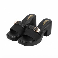 Black Chic Buckled Block Heel Slides