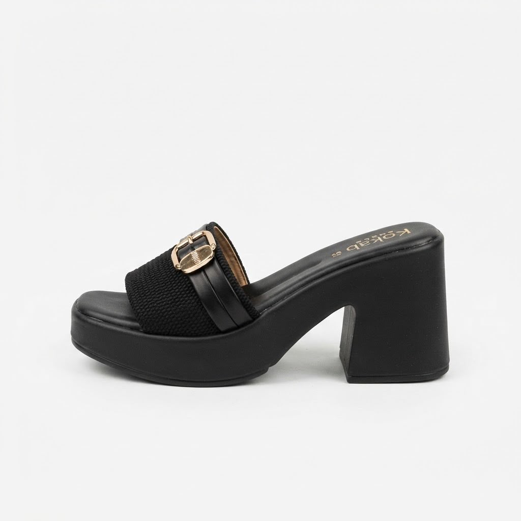 Black Chic Buckled Block Heel Slides