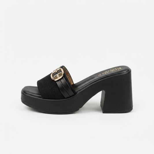 Black Chic Buckled Block Heel Slides