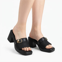 Black Chic Buckled Block Heel Slides