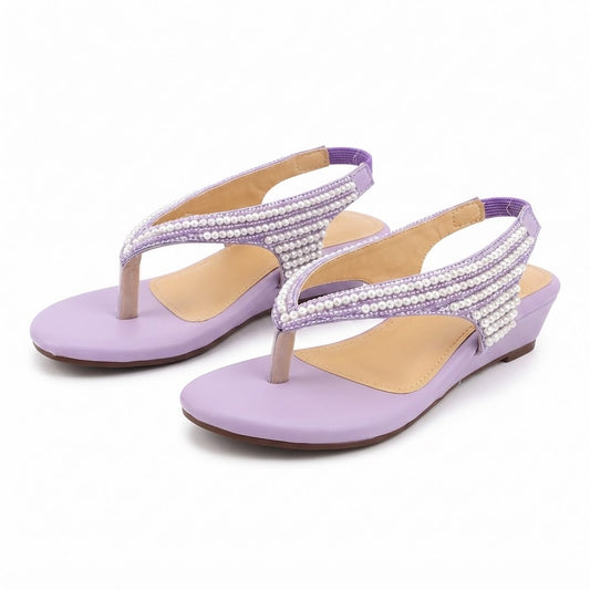Pearl-Embellished Wedge T-Strap