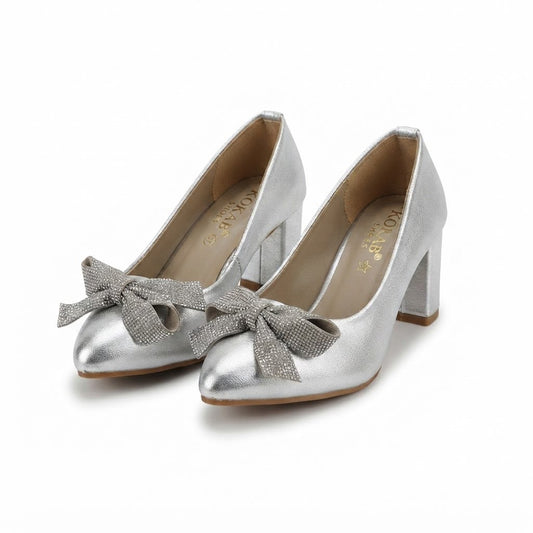 Silver Bow Block Heel Pumps