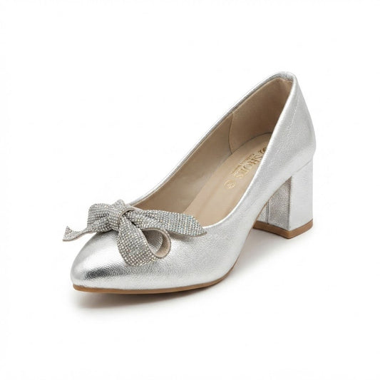 Silver Bow Block Heel Pumps