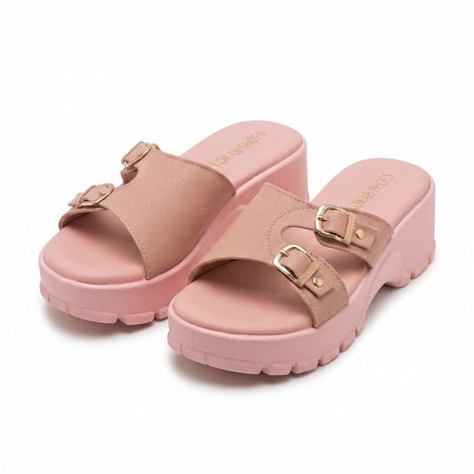 Pink Dual Buckle Wedge Slide