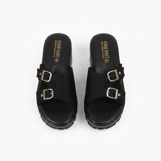 Black Dual Buckle Wedge Slide