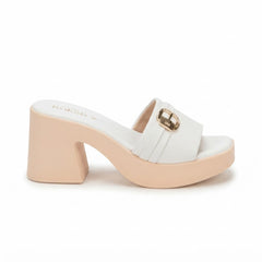 White Chic Buckled Block Heel Slides