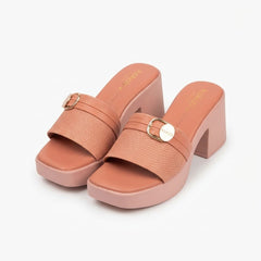 Peach Chic Buckled Block Heel Slides