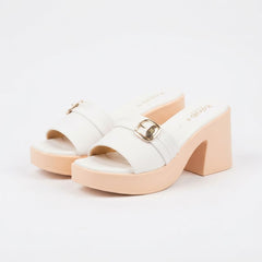 White Chic Buckled Block Heel Slides