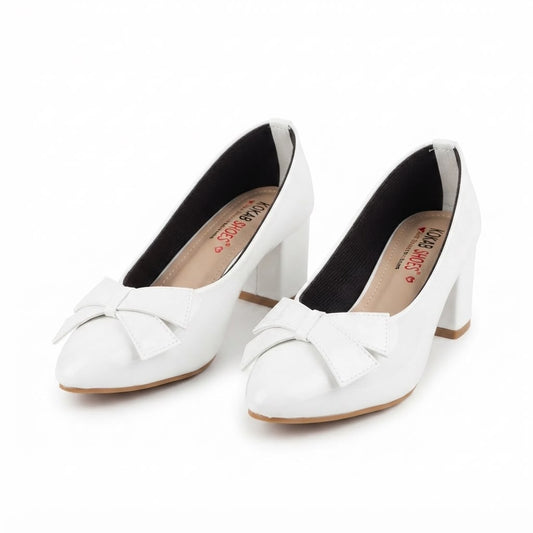 White Bow Block Heel Pumps